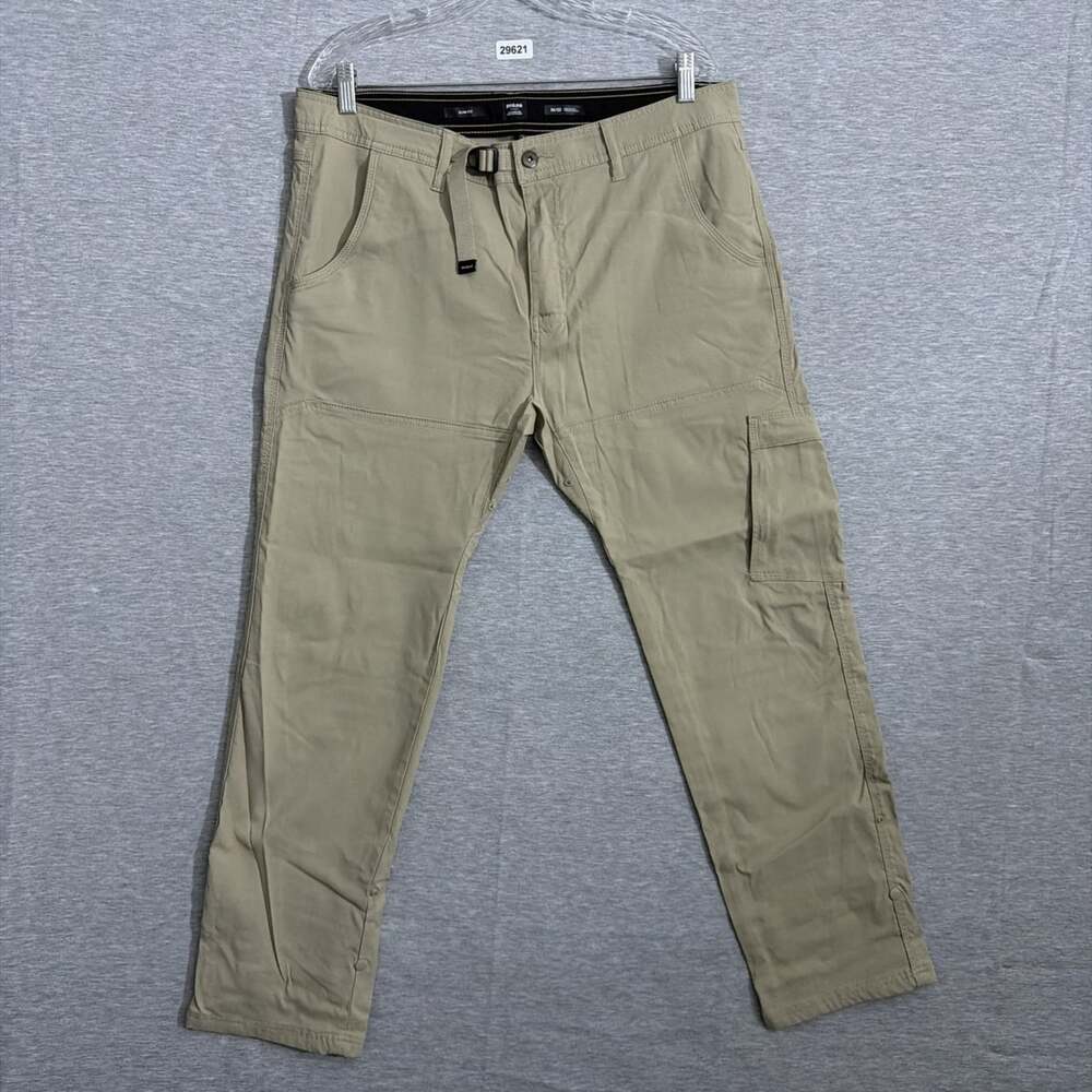 Prana Men's Size 36/32 Beige Nylon Slim Straight Leg Zion Belted Outerwear Pants